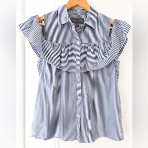 Sunday in Brooklyn Anthropologie Blue + White Stripe Off the Shoulder Ruffle Top